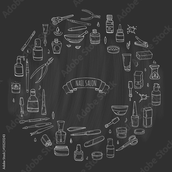 Fototapeta Hand drawn doodle Nail salon icons set. Vector illustration. Manicure accessories collection. Cartoon various sketch pedicure tools elements: polish, bottle, brush, varnish, scissors, lotion, cream