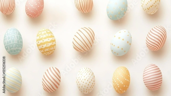 Fototapeta A set of Easter eggs with diverse patterns such as stripes, dots, and abstract designs on a beige background, adding a touch of elegance and charm to Easter - related creations.