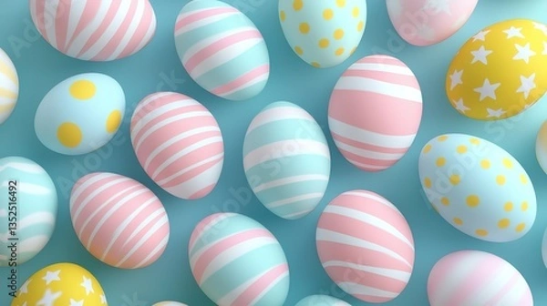 Fototapeta A collection of colorful Easter eggs with various patterns like stripes, dots, and stars on a light blue background, evoking a festive and cheerful mood, perfect for Easter - themed projects and decor