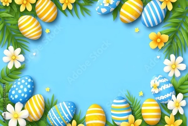 Fototapeta Blue background adorned with a border of Easter eggs, green leaves, and small flowers, creating a fresh and inviting look for Easter - themed visuals and decorations.