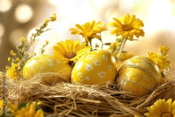 Fototapeta Yellow Easter eggs nestled in a straw nest surrounded by bright yellow flowers, bringing a warm and natural feel to Easter - inspired art and decor.