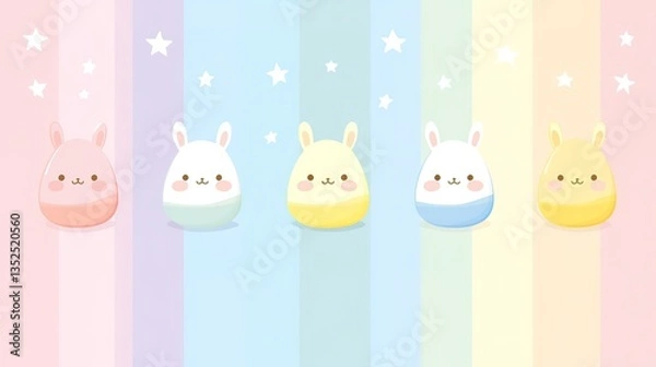 Fototapeta Five egg - shaped objects resembling rabbit heads on a colorful striped background with stars, presenting a cute and whimsical Easter - inspired design, perfect for kids - related projects.