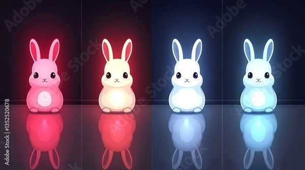 Fototapeta Four glowing rabbits in different colors against red, yellow, blue, and dark backgrounds, creating a vibrant and eye - catching visual suitable for digital art, illustrations, or themed designs.