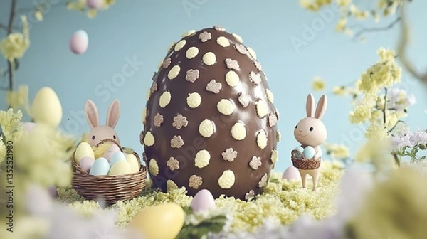 Fototapeta Two rabbit figurines, a large chocolate Easter egg, and small flowers with scattered eggs around, creating a delightful Easter scene ideal for holiday - themed advertising and decorations.