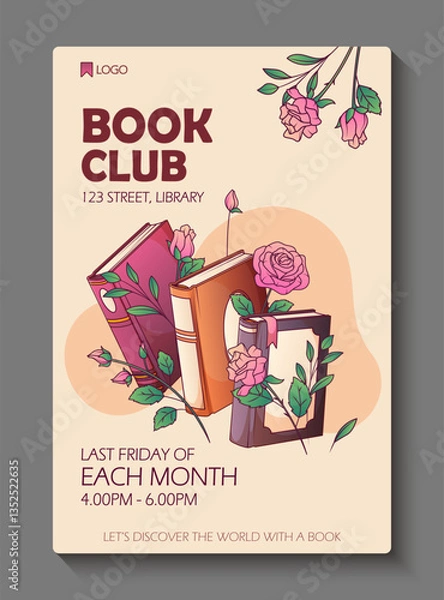 Fototapeta Template for poster design for book club. Vector illustration of books with rose flowers. Book lover, bookstore, library, reading corner concept. World book day.