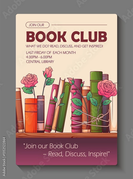 Fototapeta Vector illustration of standing books with rose flowers on bookshelf. Template for poster design for book club. Book lover, bookstore, library, reading corner concept. World book day.	
