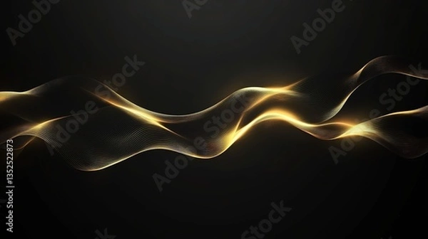 Fototapeta Flowing golden line waves on a black background, creating a sleek and modern visual, perfect for technology - related, abstract, or background designs.