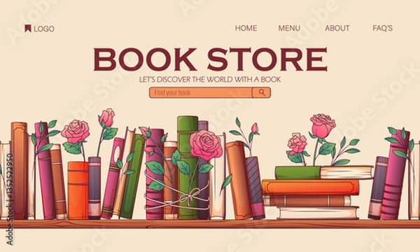 Fototapeta Vector illustration of standing books with rose flowers on bookshelf. Book lover, bookstore, library, reading concept. Banner background for bookshop website landing page design.