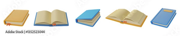 Fototapeta Set of realistic 3D vector book illustrations of open and closed books with bookmarks. Icon isolated on white. Perfect for bookstores, libraries, education, and book lover designs.