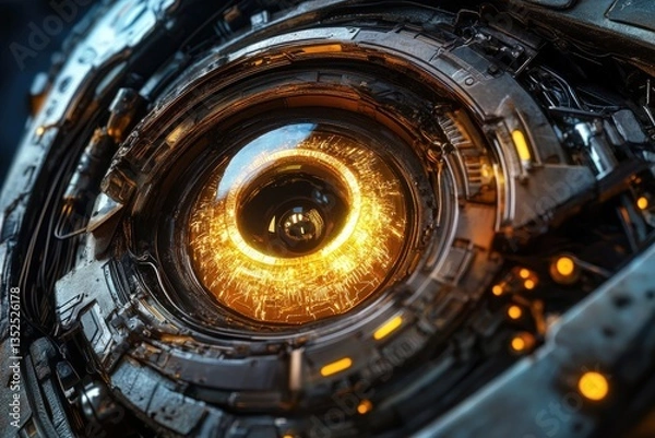 Fototapeta Close-up of a glowing mechanical eye, futuristic technology, intricate details