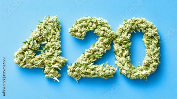 Obraz Number 420 made of marijuana flowers on blue background. Symbol of marijuana smoking culture