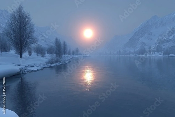 Fototapeta Winter landscape with snow-covered mountains, trees, and a reflective river