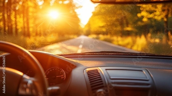 Obraz Sunlit road view from car interior.
