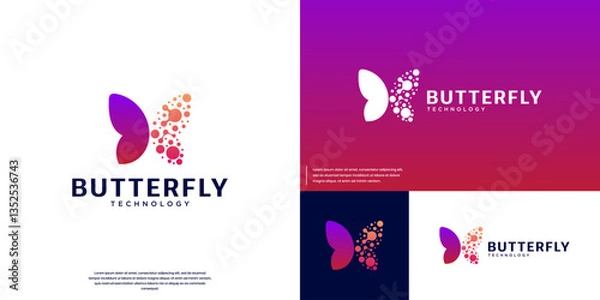 Fototapeta butterfly logo with molecular flakes modern technology , connected , digital services , design vector illustration.