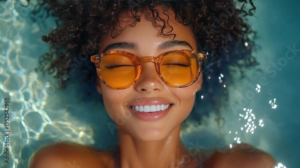 Fototapeta Woman with curly hair floats in water with translucent sunglasses smiling