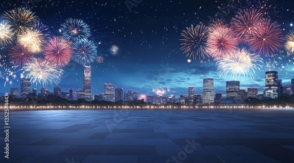 Fototapeta A nighttime cityscape featuring fireworks above, with a spacious square, road surface, and parking lot below, ideal for a car advertisement. The image showcases a modern commercial setting, capturing 
