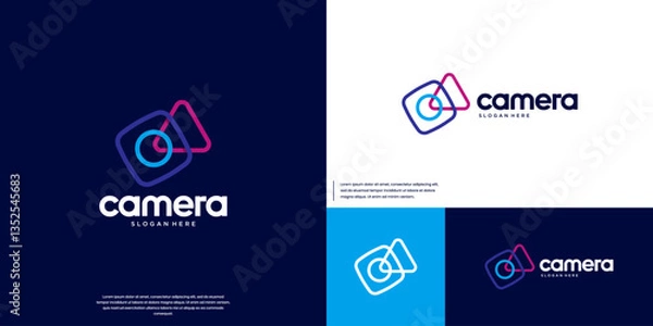 Fototapeta camera logo with abstract lines concept, minimalist, digital production, vector graphic template.