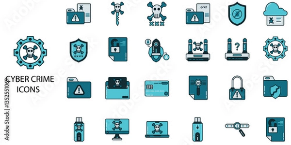 Obraz Cyber Crime simple concept 24 color icons set. Contains such computer crime, threats, computer hacker .Vector illustration.