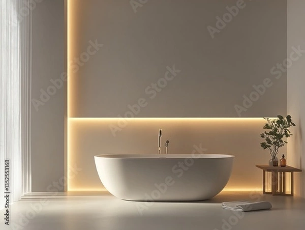 Fototapeta Bathroom interior with a freestanding bathtub and minimalist design, offering a modern, serene space with clean lines and soft lighting for ultimate relaxation.