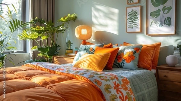 Fototapeta A Vibrant Bedroom Showcasing a Cozy Bed with Colorful Patterned Bedding, Lush Indoor Plants, Elegant Wooden Furniture, Artistic Wall Decor, and a Warmly Lit Woven Table Lamp for a Relaxing Ambiance"