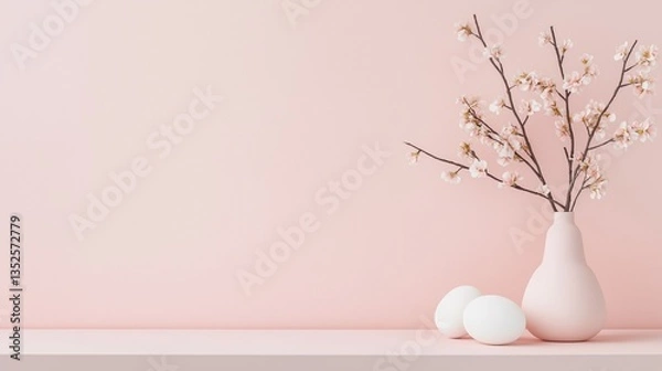 Fototapeta White vase with a branch of pink cherry blossom flowers in it on a pink background. the vase is placed on a white shelf with two white eggs next to it.