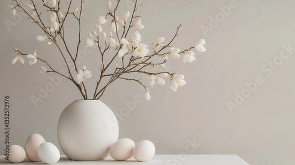 Fototapeta White vase with a branch of white flowers in it. the vase is placed on a white surface and there are six white eggs scattered around it. in the background, there is a plain beige wall.