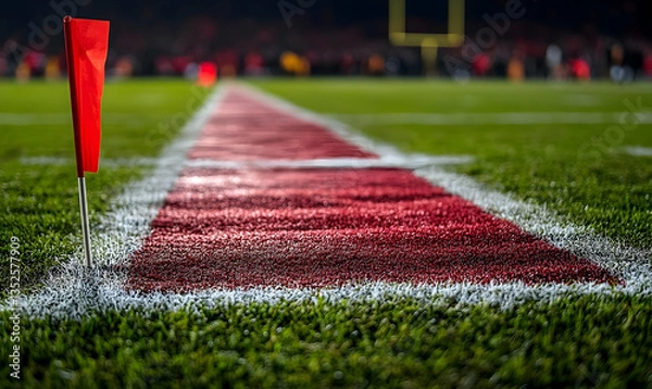 Fototapeta Close-up view of a red corner flag marking the end zone on a vibrant football field during a game