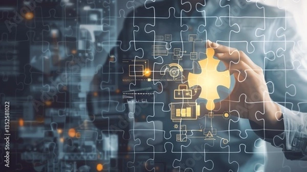 Fototapeta Start your own business inspiration A startup founder holding a glowing puzzle piece, fitting it into a giant success blueprint, symbolizing strategic growth