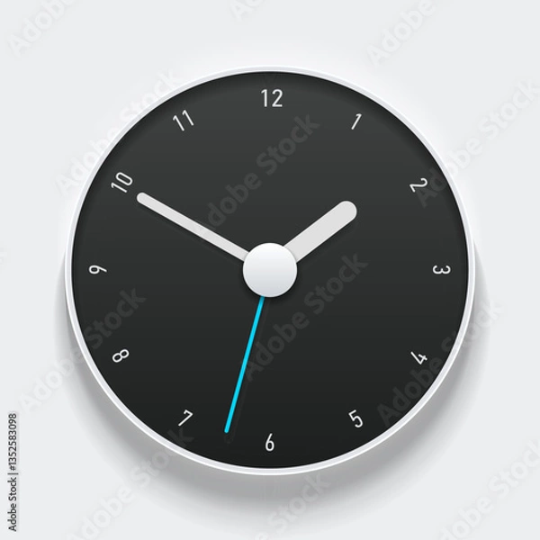 Obraz Creative black clock in realistic flat style, with color arrow and numbers. Watch on white background. Business time. Vector design element for you project