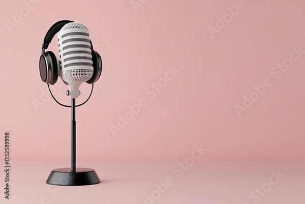 Fototapeta Microphone and headphones on pink isolated background.
Copy and text space