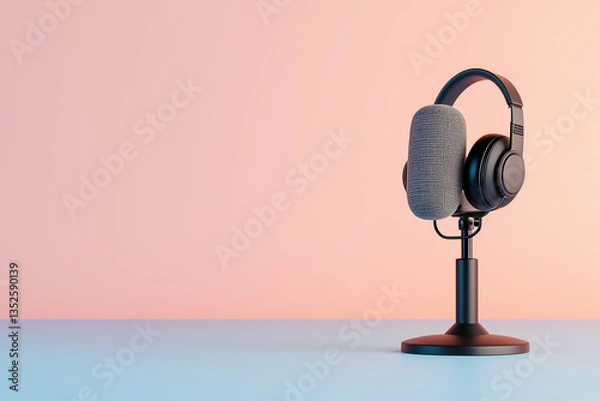 Fototapeta Microphone and headphones on pink isolated background.
Copy and text space
