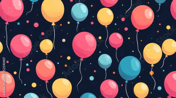 Fototapeta Vector colorful decorative seamless pattern or border with flying party balloons - celebration, invitation, greeting
