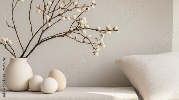 Fototapeta White vase with a bunch of small white flowers in it on a white surface. the vase is made of ceramic and has a round shape with a narrow neck. next to the vase, there are three white eggs.