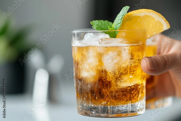 Fototapeta Glass of ice tea with lemon slice.
Long island cocktail.