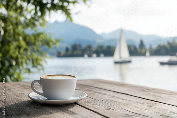 Fototapeta A cup of coffee on a wooden table with a blurred lake view in the background