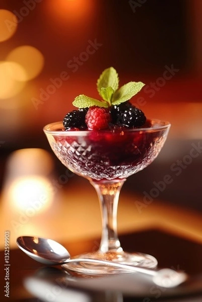 Fototapeta A sophisticated, modern presentation of chilled berry kissel served in a crystal coupe glass, garnished with a sprig of fresh mint and a few whole berries floating on top.