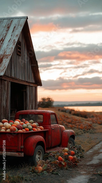 Fototapeta Vintage red pickup truck by a dusty barn, its bed filled with watermelons, a calm lake reflecting the late-summer sunset, radiating timeless country charm. Generative AI