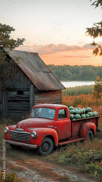 Fototapeta Vintage red pickup truck by a dusty barn, its bed filled with watermelons, a calm lake reflecting the late-summer sunset, radiating timeless country charm. Generative AI