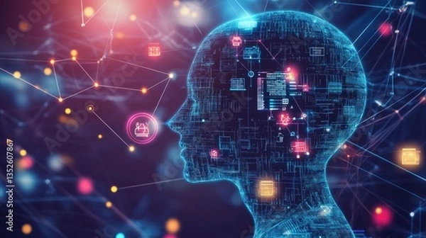 Fototapeta Abstract human profile surrounded by icons, dots and lines forming a digital internet network