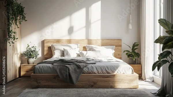 Fototapeta a bedroom with a wooden bed and plants 