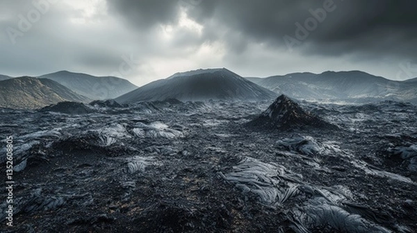 Fototapeta a volcanic landscape with a dark sky and mountains in the background 