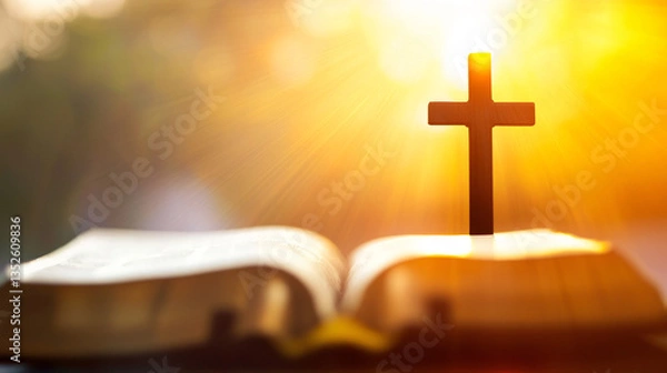 Fototapeta A symbolic image of a bright sunlight shining over an open Bible with the silhouette of the Holy Cross and Jesus Christ in the background, evoking a sense of faith, spirituality, and divine light.
