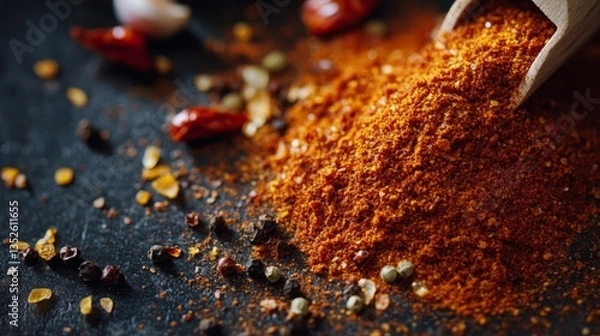 Fototapeta Red Chili Powder and Spices on Dark Surface