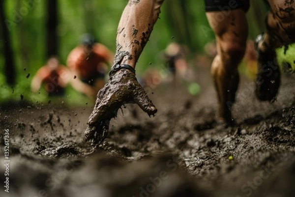 Fototapeta Athletes Support Each Other in a Muddy Obstacle Race: Action-Packed Competition in a Forest Field