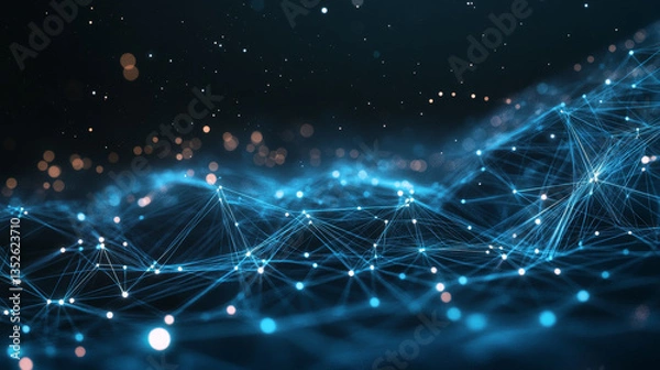 Obraz Digital technology concept data wave flow polygons connecting dots lines on a dark black background. Internet of things