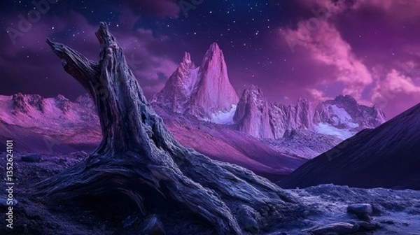 Fototapeta Fantasy night mountains landscape with moon and stars.