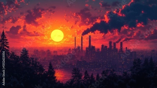 Obraz Crimson Sunset Over Industrial Cityscape