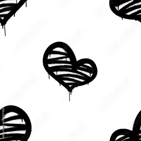 Fototapeta Seamless pattern of sprayed heart with overspray in black over white. Vector illustration.