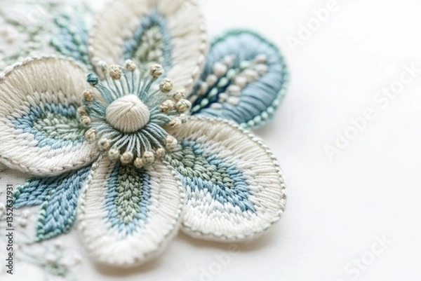 Obraz Intricate hand embroidery showcasing a detailed flower with soft blue and cream threads.