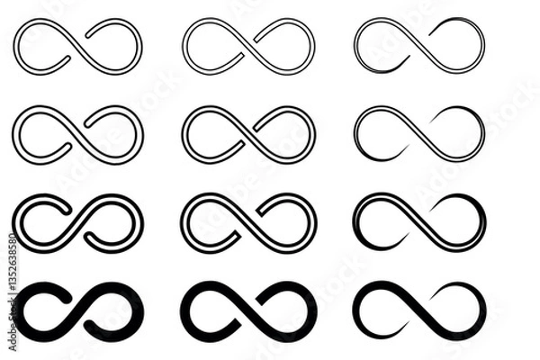 Fototapeta Set of six infinity symbols with varied thicknesses and curvature, black and white design